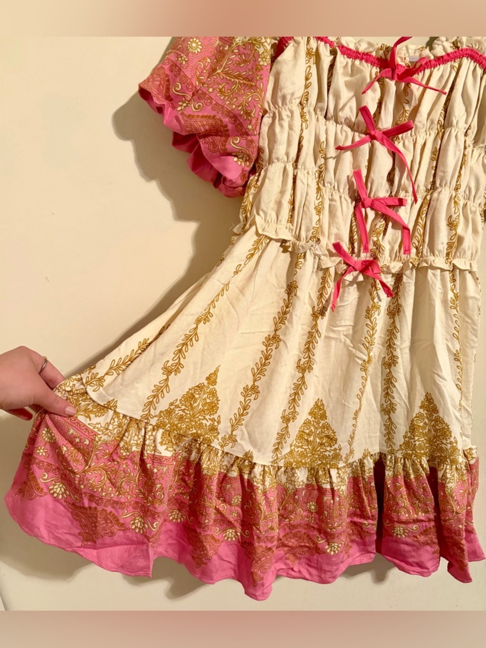NWT Umgee Cream Dress w Pink & Gold Sz M Bows Cottagecore Boho Milkmaid Romantic - Picture 6 of 11